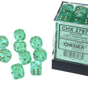 Chessex Borealis D6 12mm Light Green/gold Luminary Dobbelsteen Set (36 stuks)