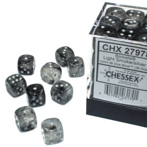 Chessex Borealis D6 12mm Light Smoke/Silber Luminary Würfel Set (36 Stück)