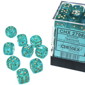 Chessex Borealis D6 12mm Teal/gold Luminary Dobbelsteen Set (36 stuks)